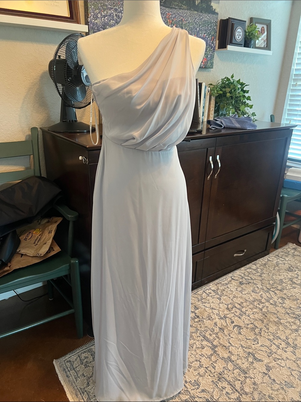 Birdy Grey One-Shoulder Draped Light Gray Gown